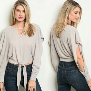 Open Sleeve Tie Front Sweater color Grey